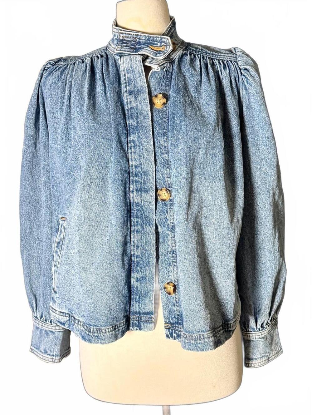 Y2K Scoop XS Denim Jacket Puff Sleeves High Collar Trapeze Peplum Vintage  XS